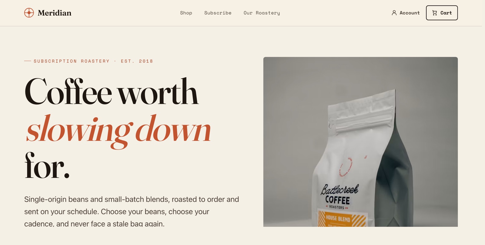 Homepage of the Meridian Coffee site